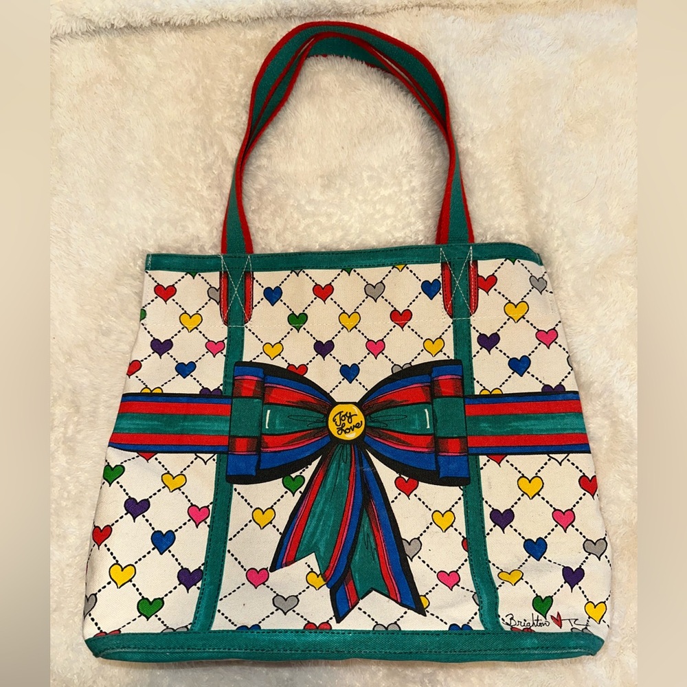VINTAGE BRIGHTON Colorful Heart Pattern Holiday Tote Bag.